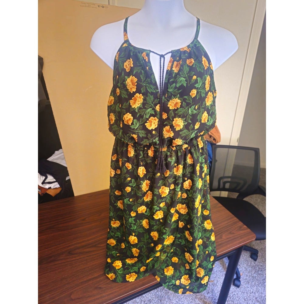 Blush Black Yellow Green Floral Tie Neck Midi High Low Sundress floral Coquette - Picture 2 of 7
